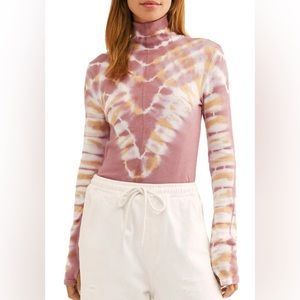 Free People Psychedelic Moody Blossom Top Turtleneck Shirt Pink White Tie Dye
